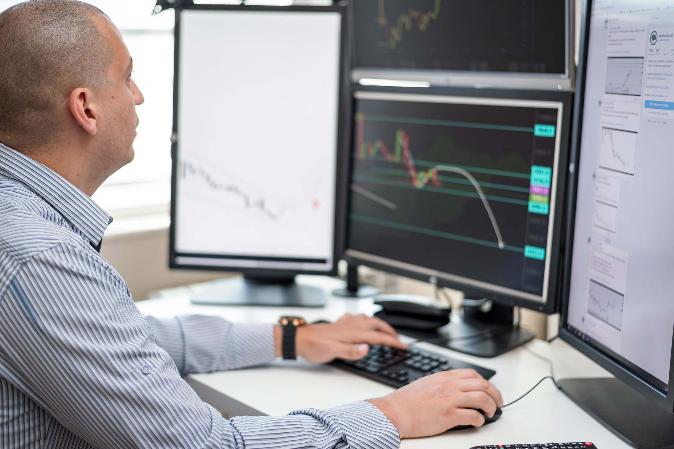 Workstation with monitors in a technical office — financial charts on multiple monitors in an office setting